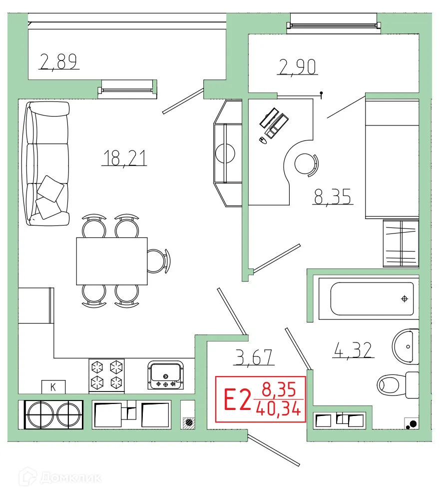 Планировка 1-комнатной квартиры 40.34 м² в ЖК Бульвар оптимистов, г. Дядьково — фото 1