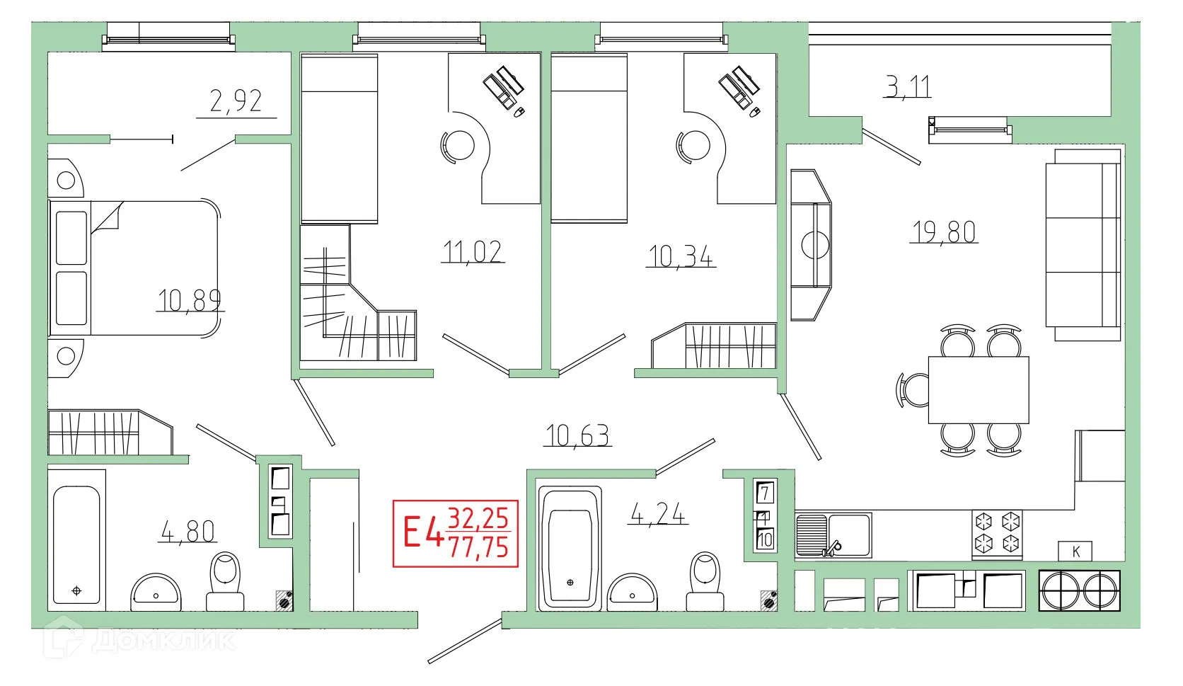 Планировка 3-комнатной квартиры 77.75 м² в ЖК Бульвар оптимистов, г. Дядьково — фото 1