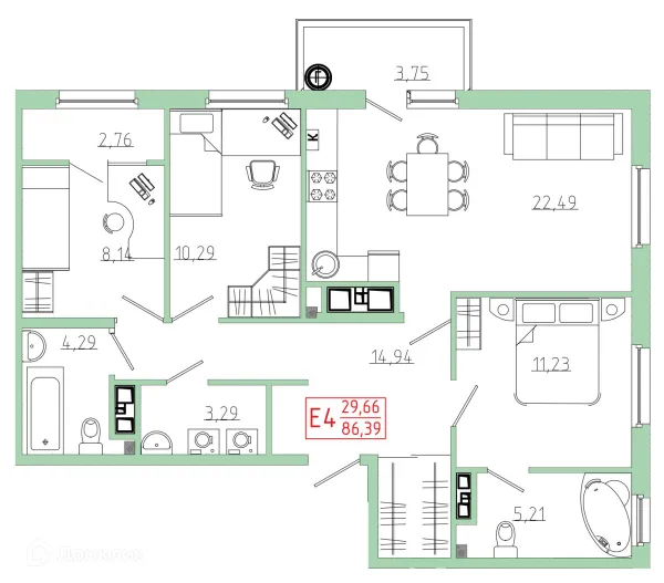 Планировка 3 комн. в ЖК Бульвар оптимистов