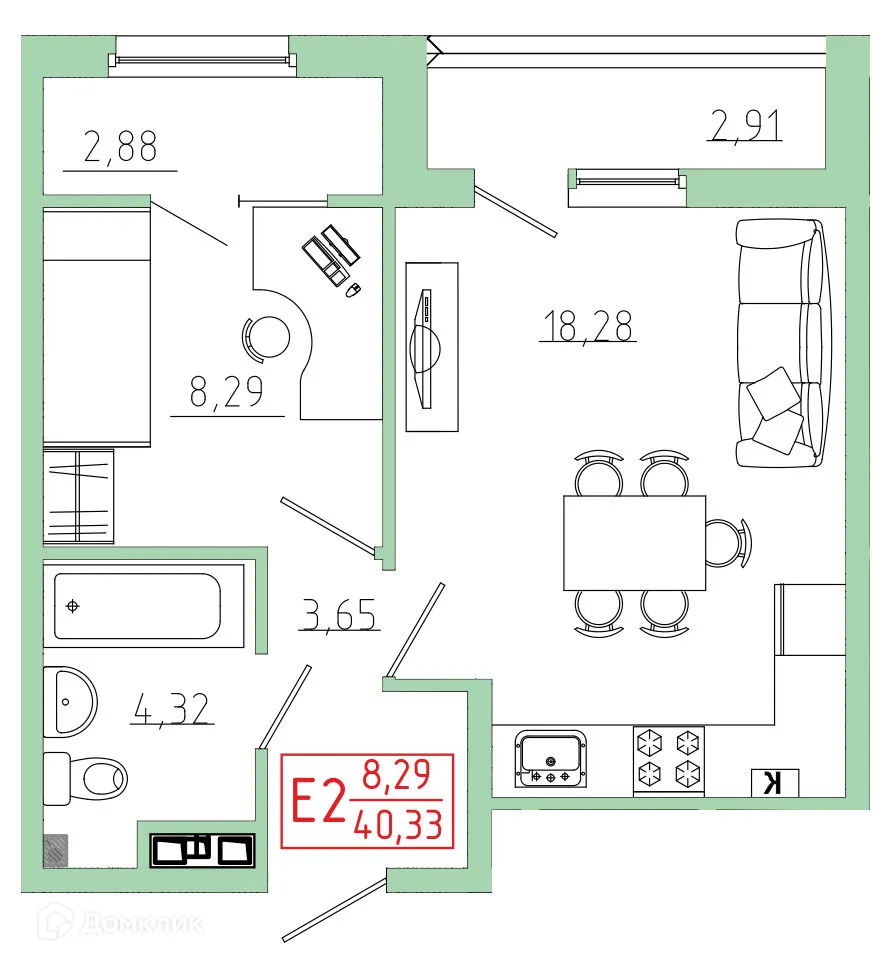 Планировка 1-комнатной квартиры 40.33 м² в ЖК Бульвар оптимистов, г. Дядьково — фото 1