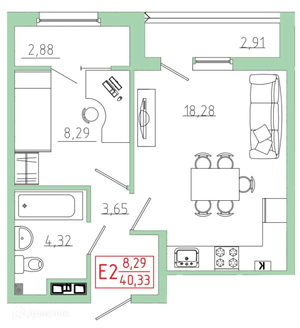 Планировка 1 комн. в ЖК Бульвар оптимистов