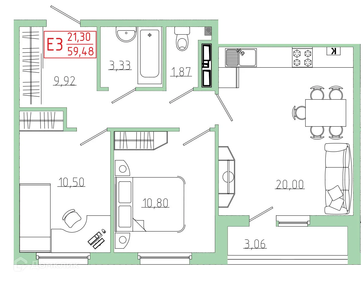 Планировка 2-комнатной квартиры 59.48 м² в ЖК Бульвар оптимистов, г. Дядьково — фото 1