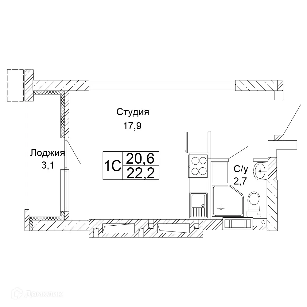Планировка 1-комнатной квартиры 22.2 м² в ЖК Колизей, г. Волгоград — фото 1