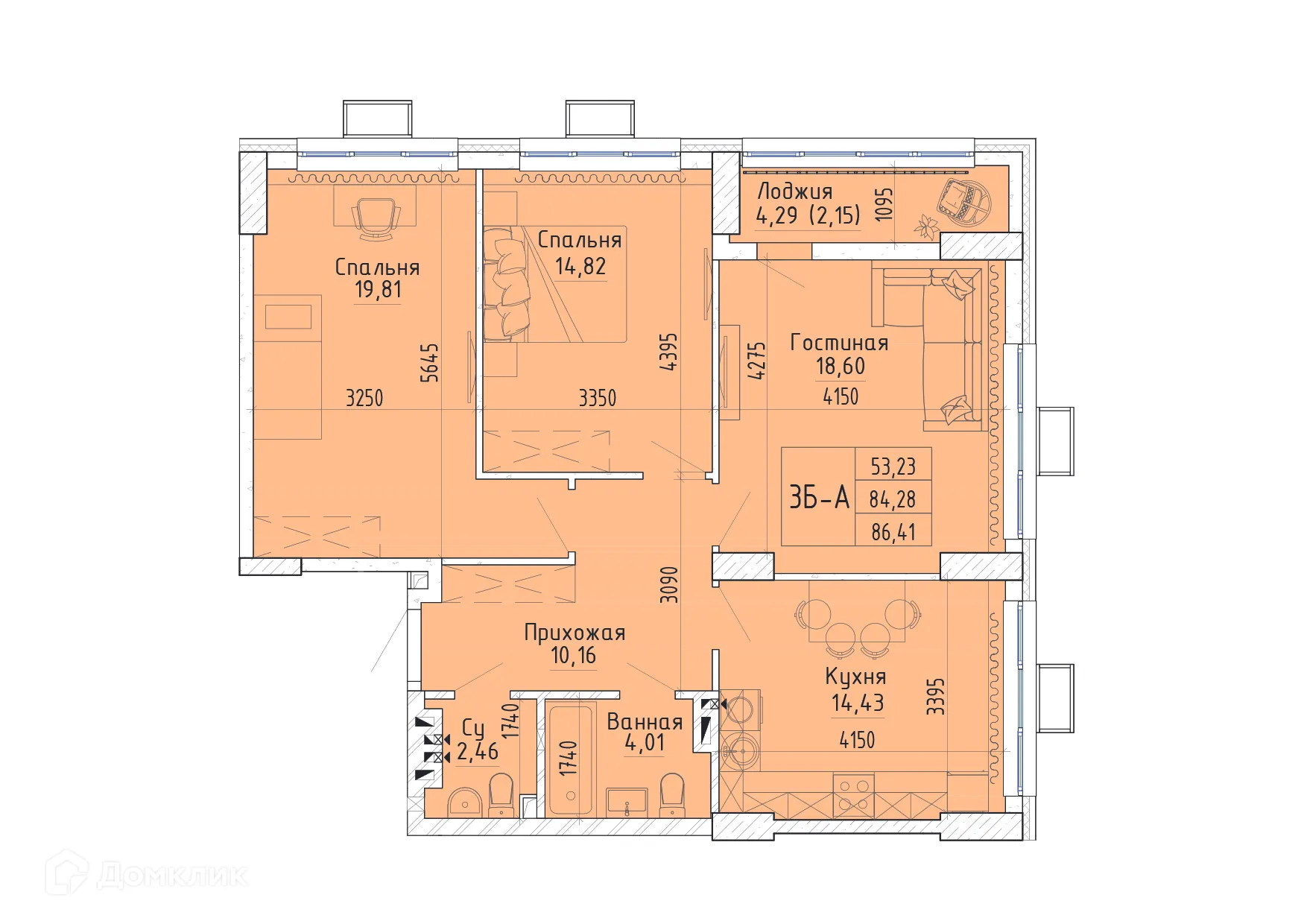 Планировка 3-комнатной квартиры 89.83 м² в ЖК Орион, г. Ростов-на-Дону — фото 2