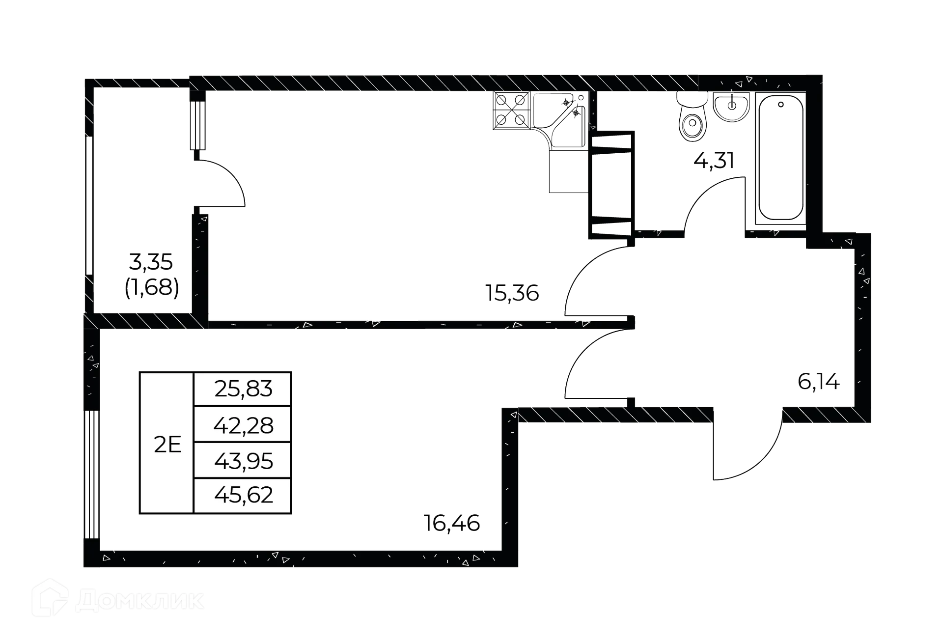 Планировка 1-комнатной квартиры 45.62 м² в ЖК Звезда Столицы 2, г. Ростов-на-Дону — фото 1