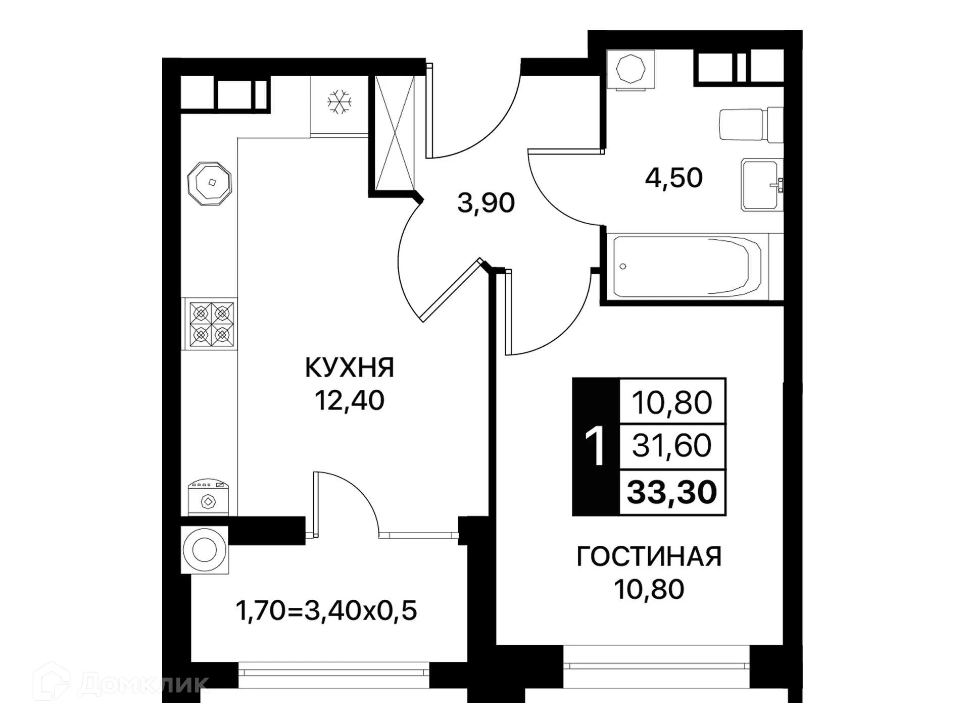 Планировка 1-комнатной квартиры 33.3 м² в ЖК Сияние Квартал на Шолохова, г. Ростов-на-Дону — фото 2