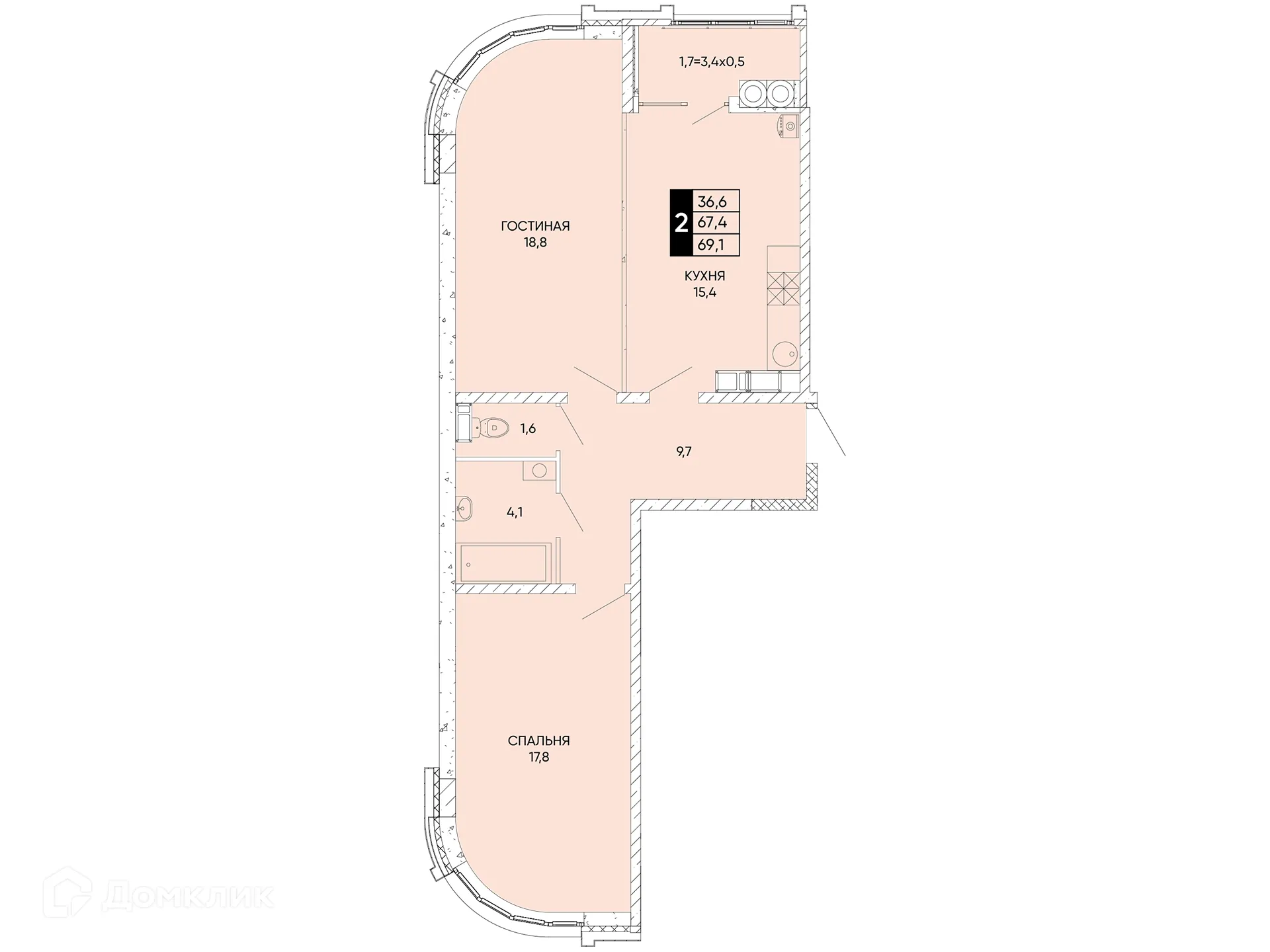 Планировка 2-комнатной квартиры 69.1 м² в ЖК Левобережье, г. Ростов-на-Дону — фото 2