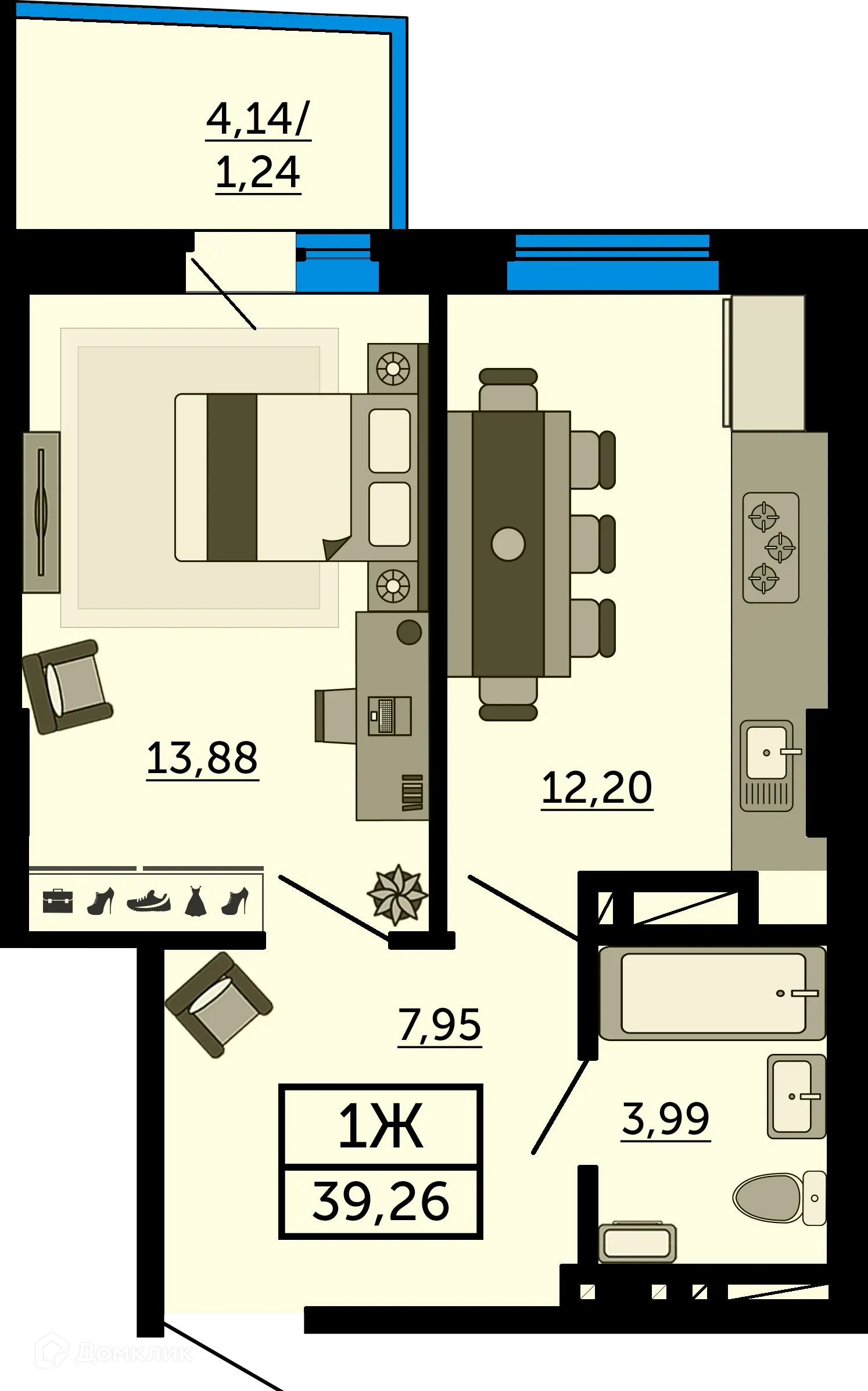 Планировка 1-комнатной квартиры 39.4 м² в ЖК Город у Реки, г. Ростов-на-Дону — фото 3