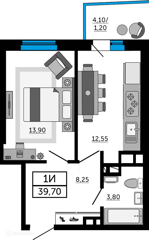 Планировка 1-комнатной квартиры 39.45 м² в ЖК Донской Арбат 2, г. Ростов-на-Дону — фото 1