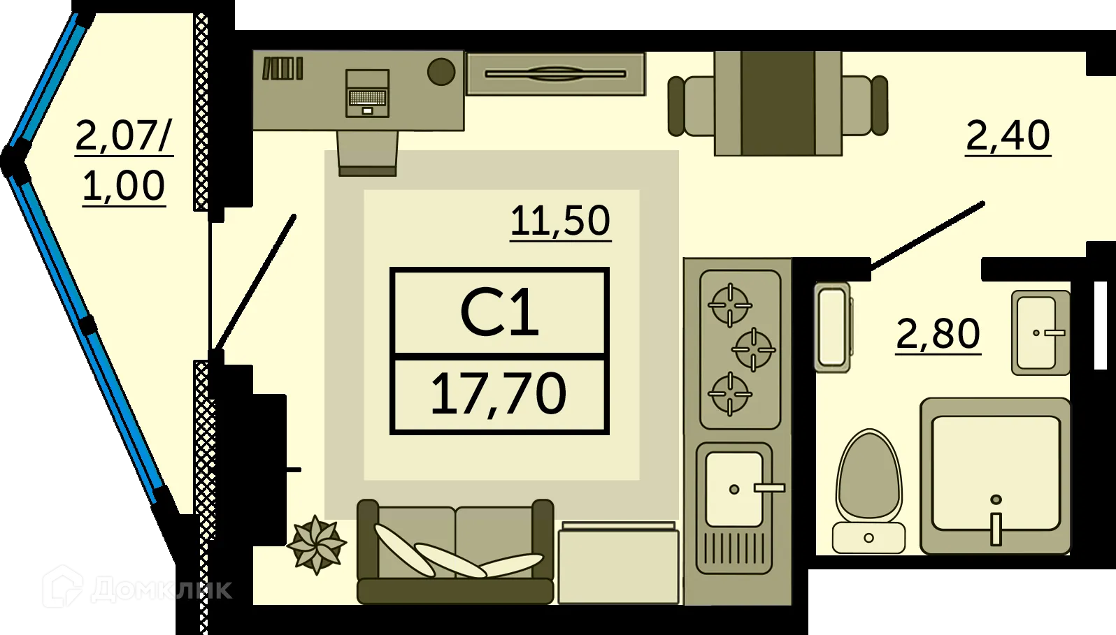 Планировка студии квартиры 16.7 м² в ЖК"Акватория", г. Ростов-на-Дону — фото 1