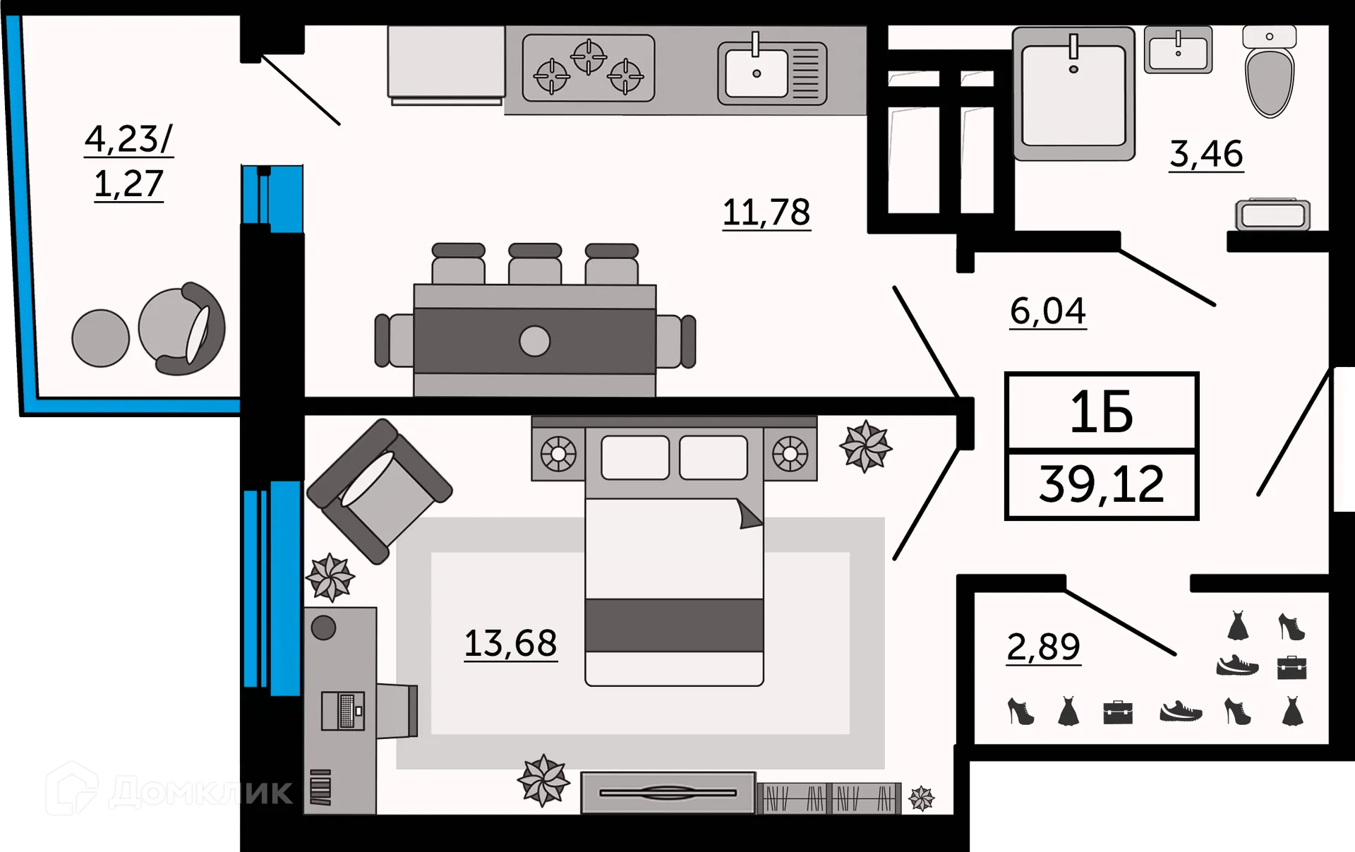 Планировка 1-комнатной квартиры 39.7 м² в ЖК "Донской Арбат", г. Ростов-на-Дону — фото 1