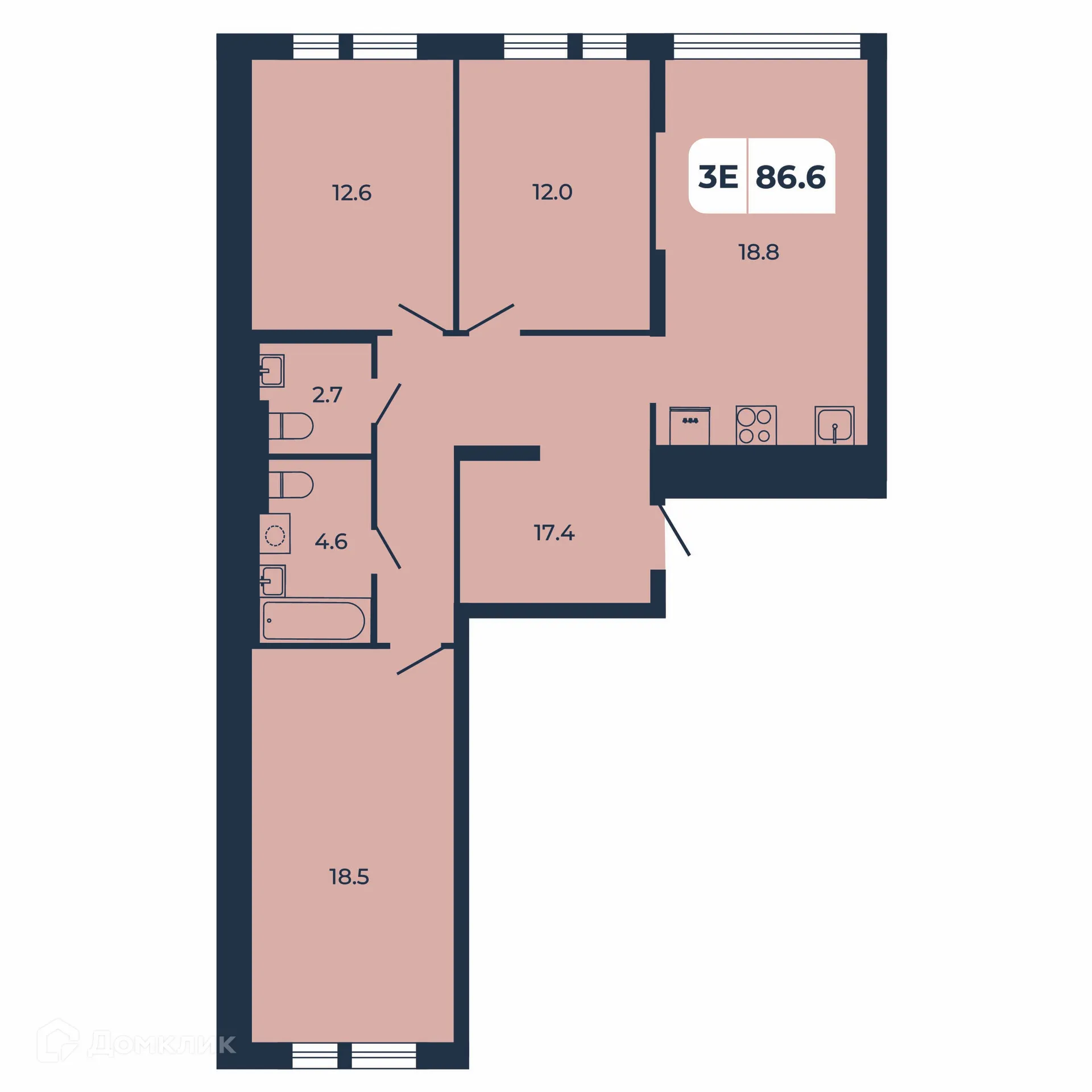 Планировка 3-комнатной квартиры 86.6 м² в ЖК НОРД, г. Ростов-на-Дону — фото 2