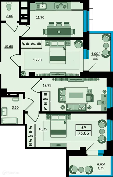 Планировка 3-комнатной квартиры 73.9 м² в ЖК Грин парк, г. Ростов-на-Дону — фото 2