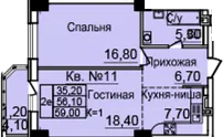 Планировка 2-комнатной квартиры 58.8 м² в ЖК СОЗВЕЗДИЕ, г. Ростов-на-Дону — фото 1