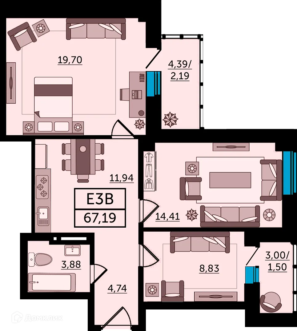 Планировка 3-комнатной квартиры 67.7 м² в ЖК Кристалл-2, г. Ростов-на-Дону — фото 3