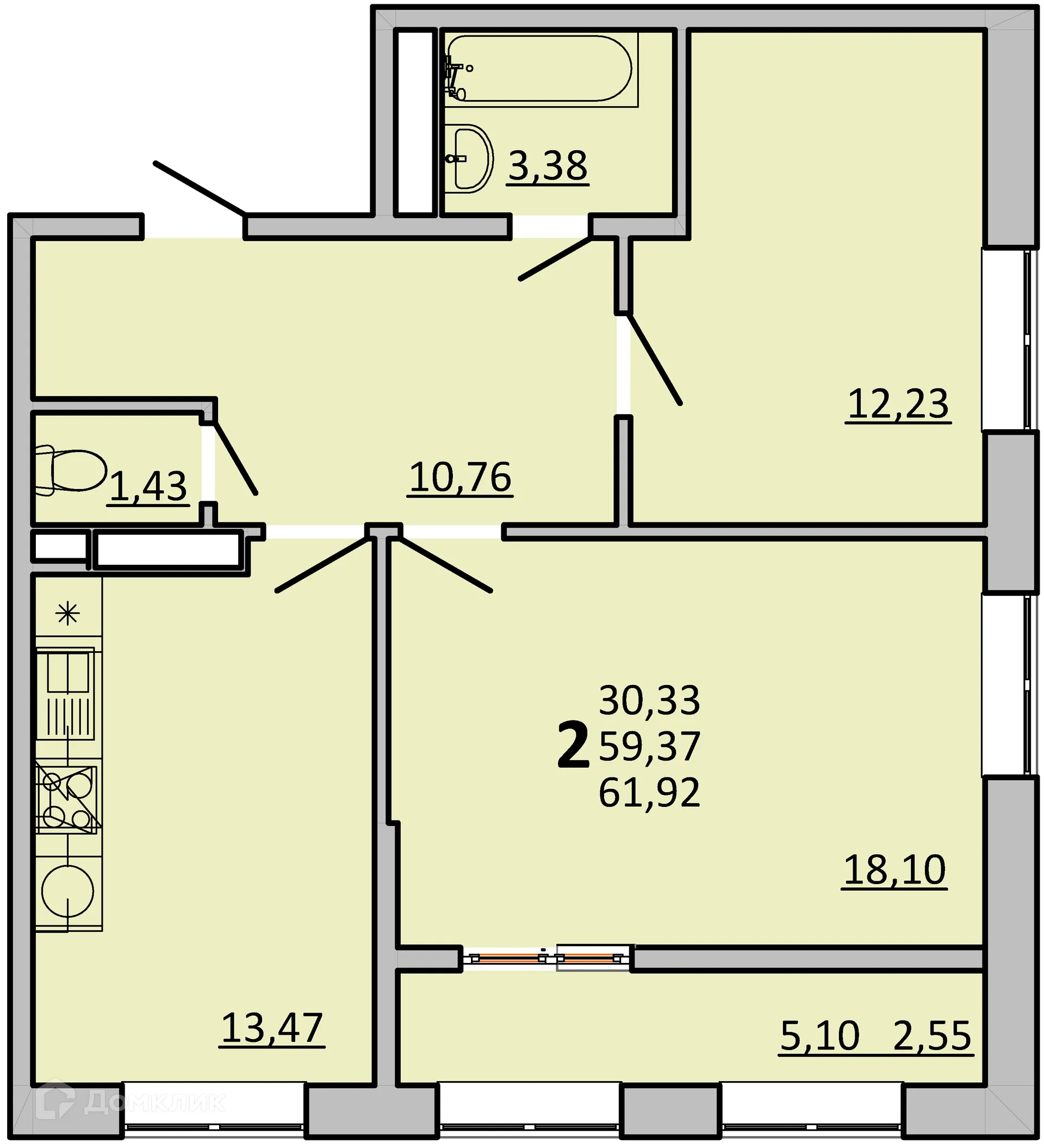 Планировка 2-комнатной квартиры 61.75 м² в ЖК Frame (Фрейм), г. Ростов-на-Дону — фото 1