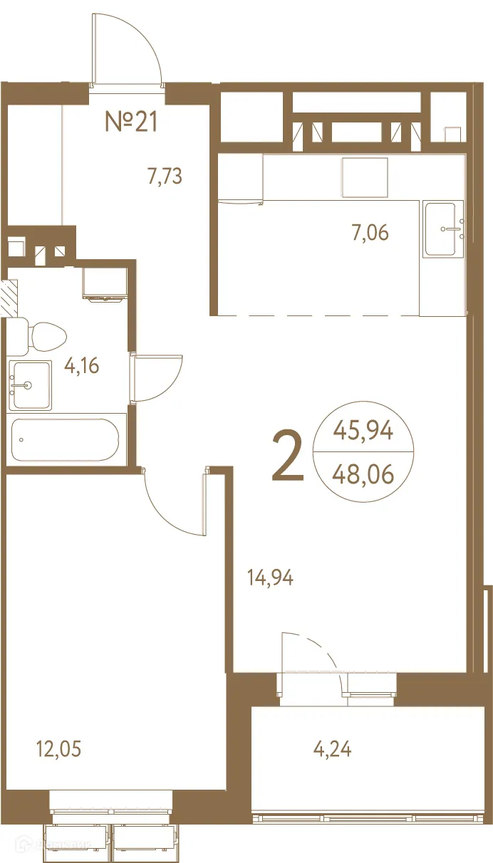 Планировка 2-комнатной квартиры 48.6 м² в ЖК Белая вилла, г. Ростов-на-Дону — фото 1