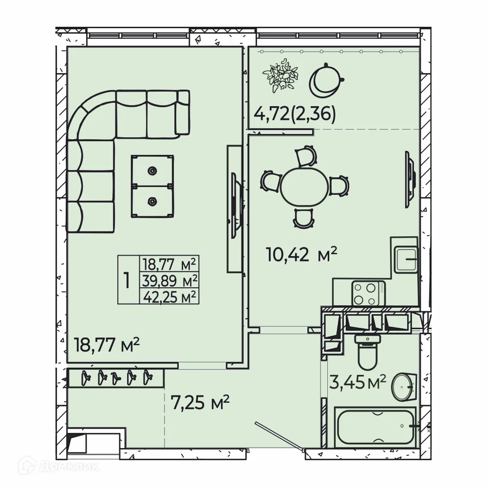 Планировка 1-комнатной квартиры 42.7 м² в ЖК на Школьной, г. Ростов-на-Дону — фото 2