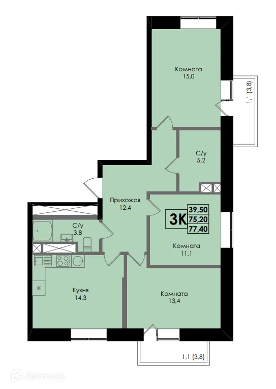 Планировка 3-комнатной квартиры 77.4 м² в ЖК Botanika (Ботаника), г. Ростов-на-Дону — фото 1