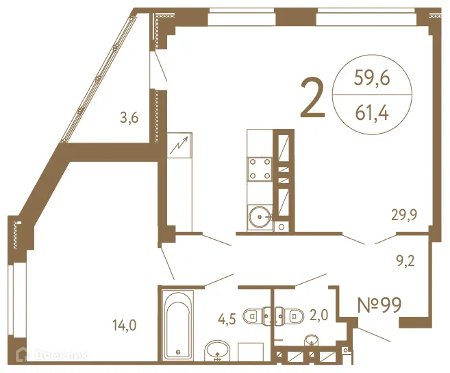 Планировка 2-комнатной квартиры 61.4 м² в ЖК Дом на 16-й Линии 46, г. Ростов-на-Дону — фото 1