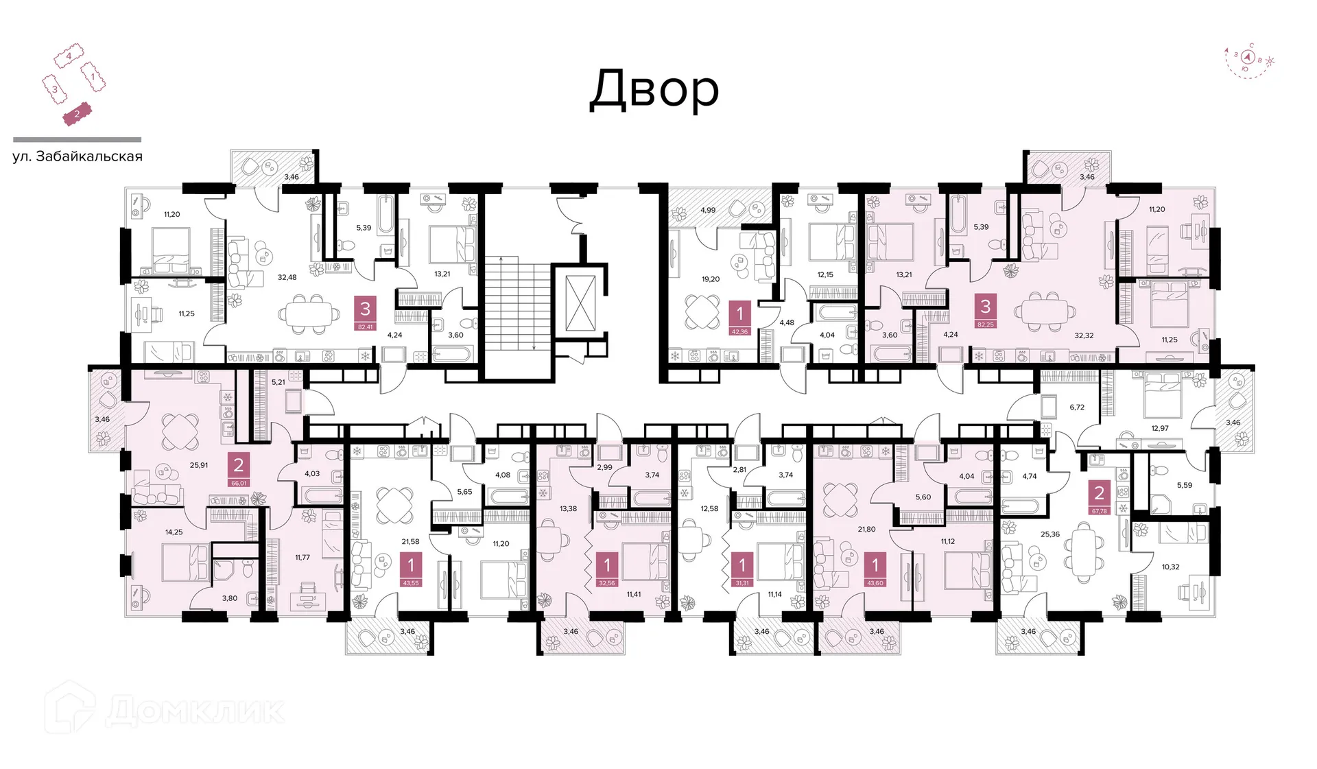 Планировка 2-комнатной квартиры 66.01 м² в ЖК Квартал Дягилев, г. Рязань — фото 7