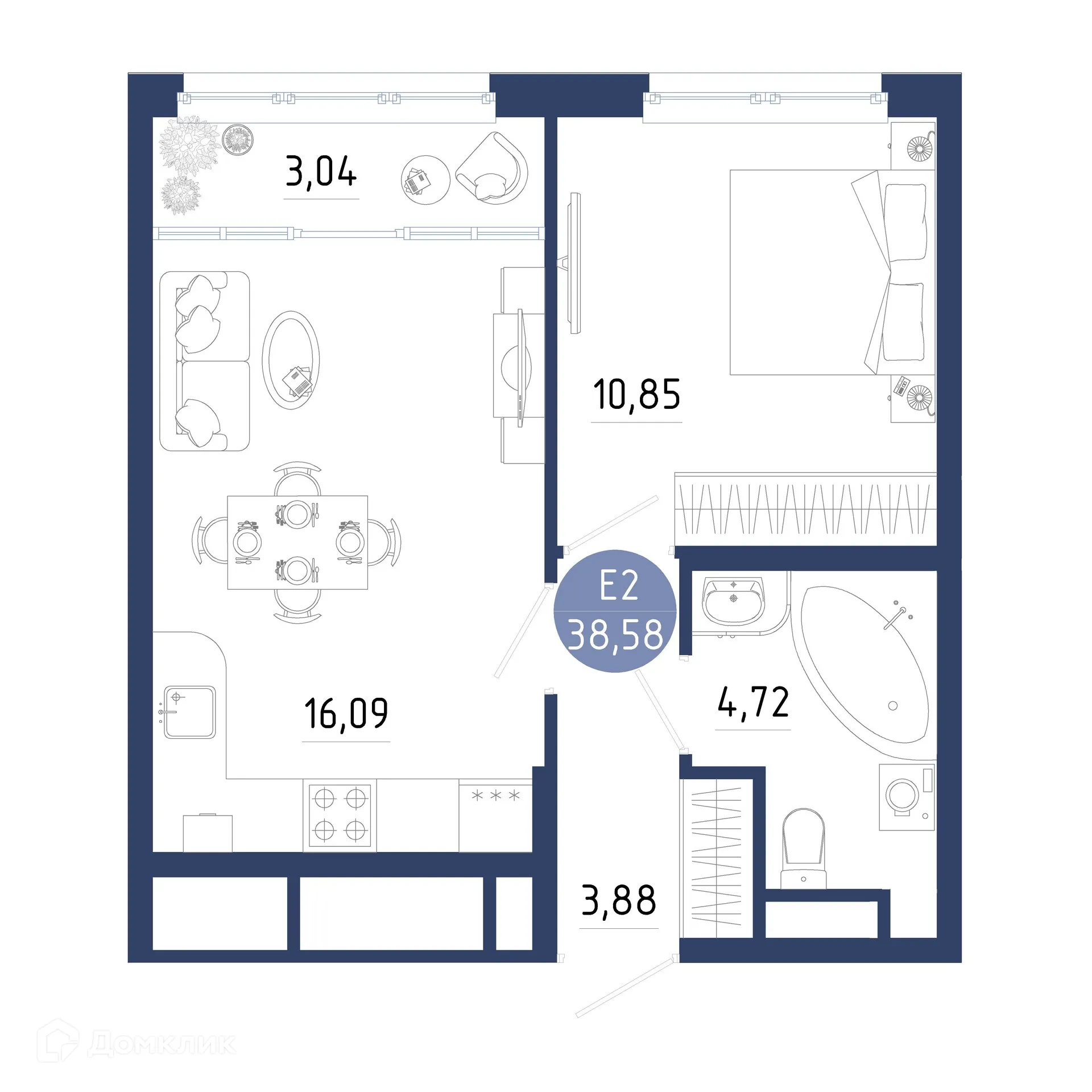 Планировка 1-комнатной квартиры 38.58 м² в ЖК Бульвар оптимистов, г. Дядьково — фото 1