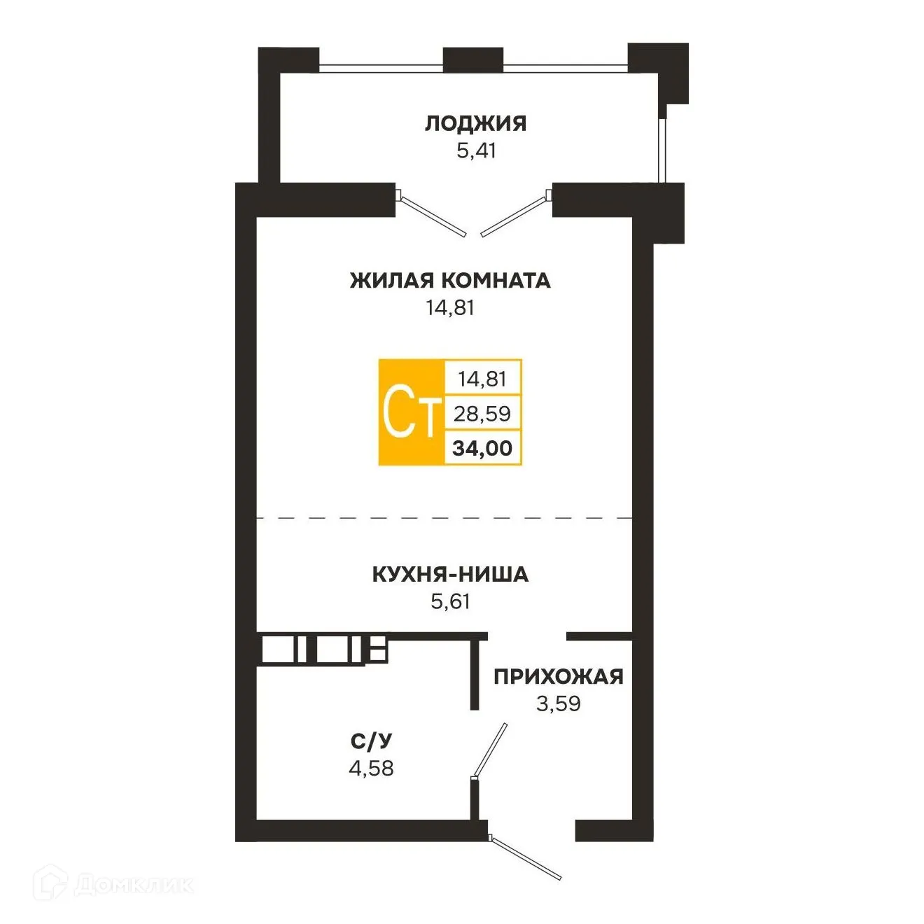 Планировка студии квартиры 34 м² в ЖК Ривер Парк, г. Рязань — фото 3