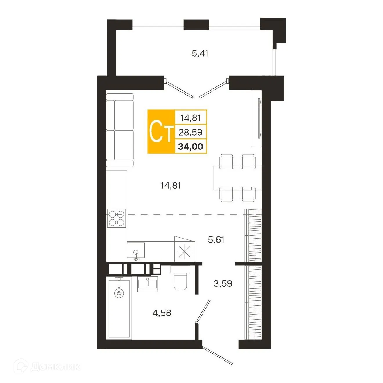 Планировка студии квартиры 34 м² в ЖК Ривер Парк, г. Рязань — фото 4