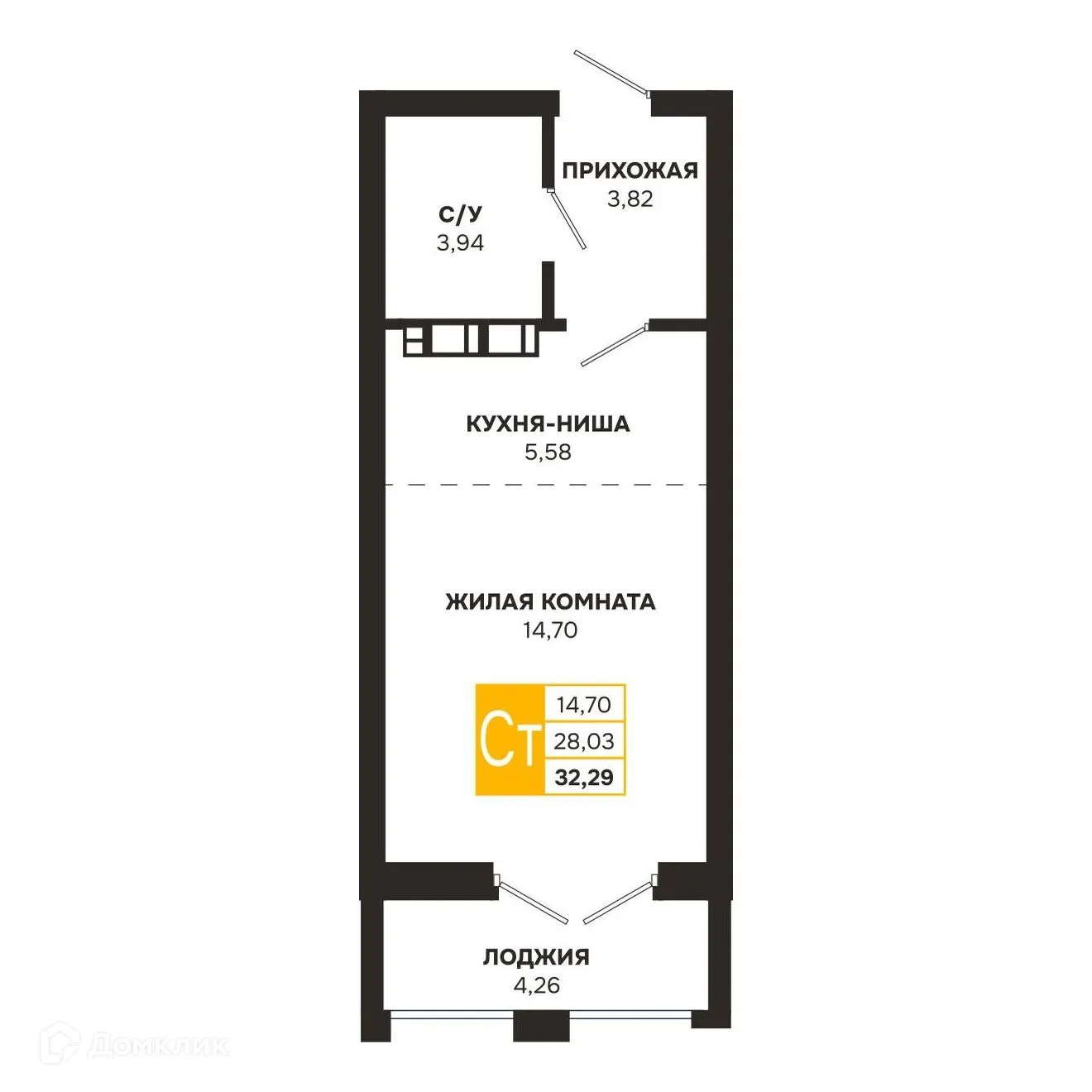 Планировка студии квартиры 32.65 м² в ЖК Ривер Парк, г. Рязань — фото 1