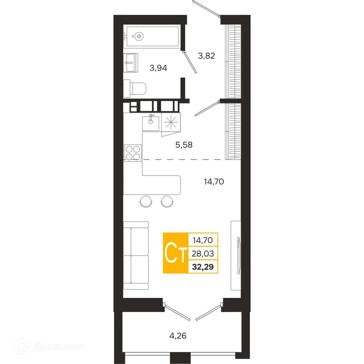 Планировка студии квартиры 32.65 м² в ЖК Ривер Парк, г. Рязань — фото 2