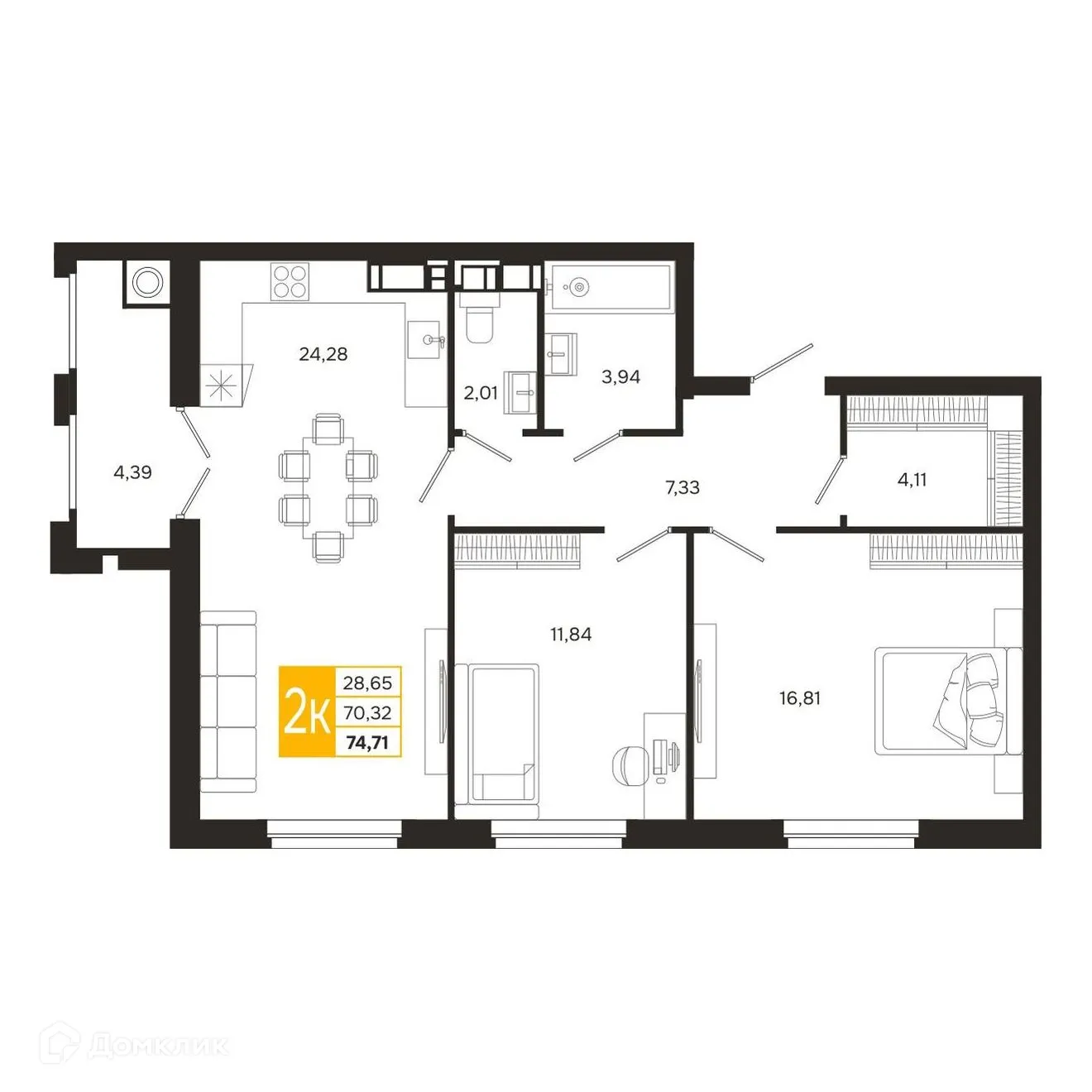 Планировка 2-комнатной квартиры 74.71 м² в ЖК Ривер Парк, г. Рязань — фото 2