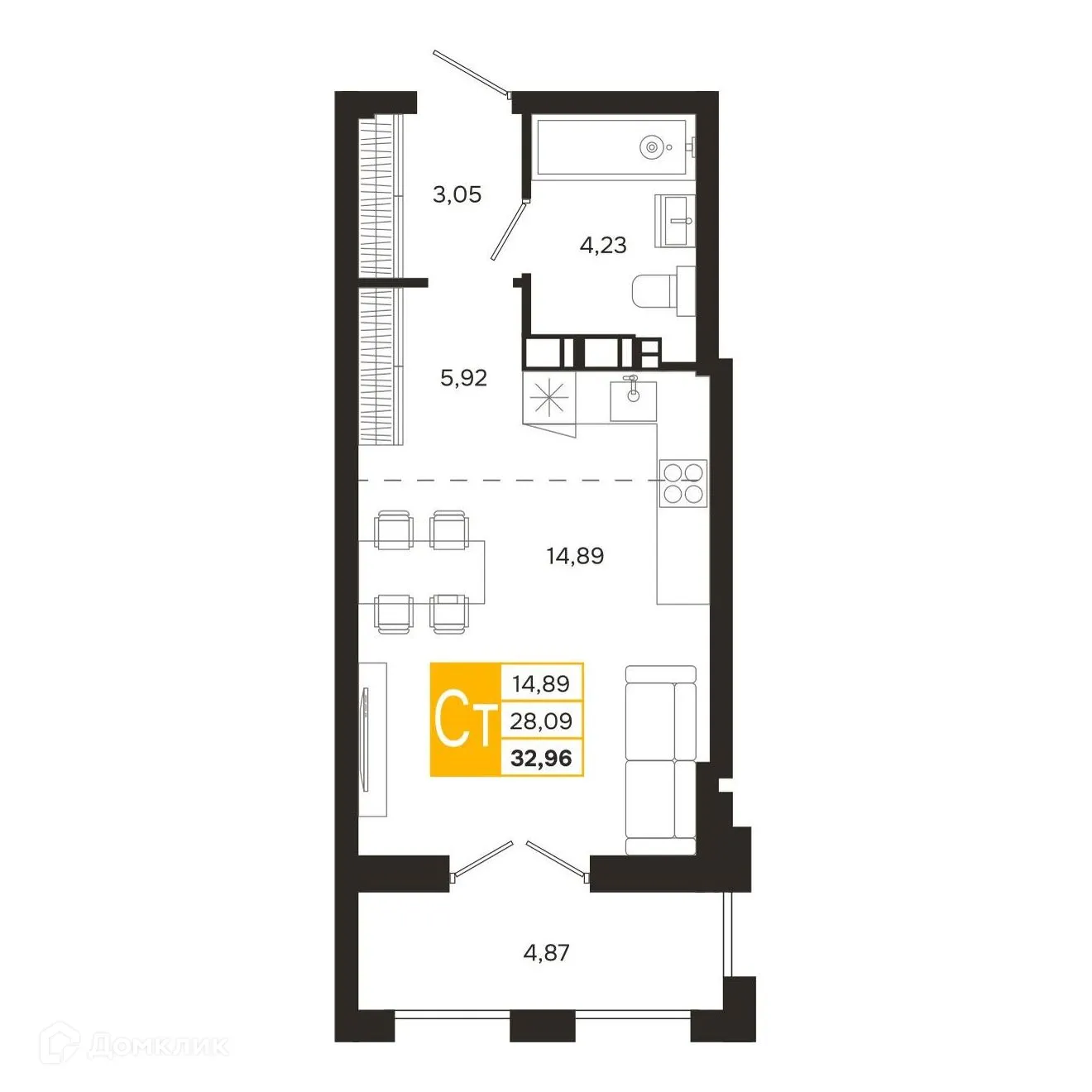 Планировка студии квартиры 32.96 м² в ЖК Ривер Парк, г. Рязань — фото 4