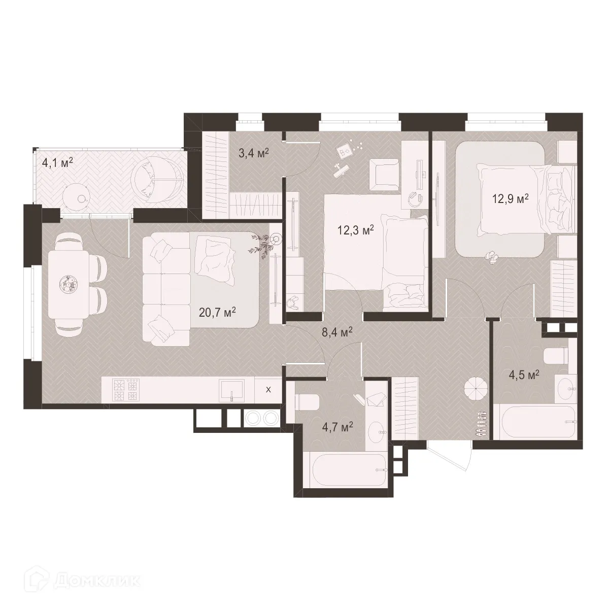 Планировка 2-комнатной квартиры 71 м² в ЖК Окская стрелка, г. Рязань — фото 1