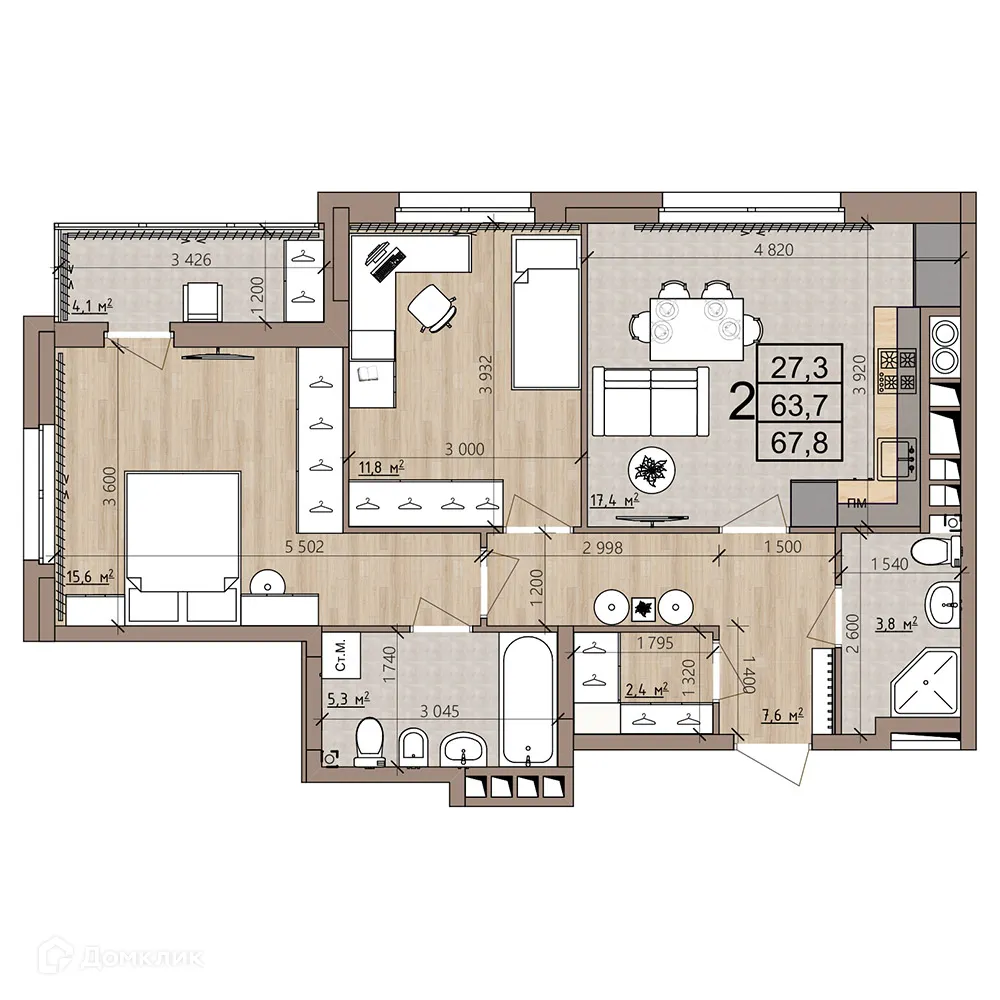 Планировка 2-комнатной квартиры 67.8 м² в ЖК Окская стрелка, г. Рязань — фото 1