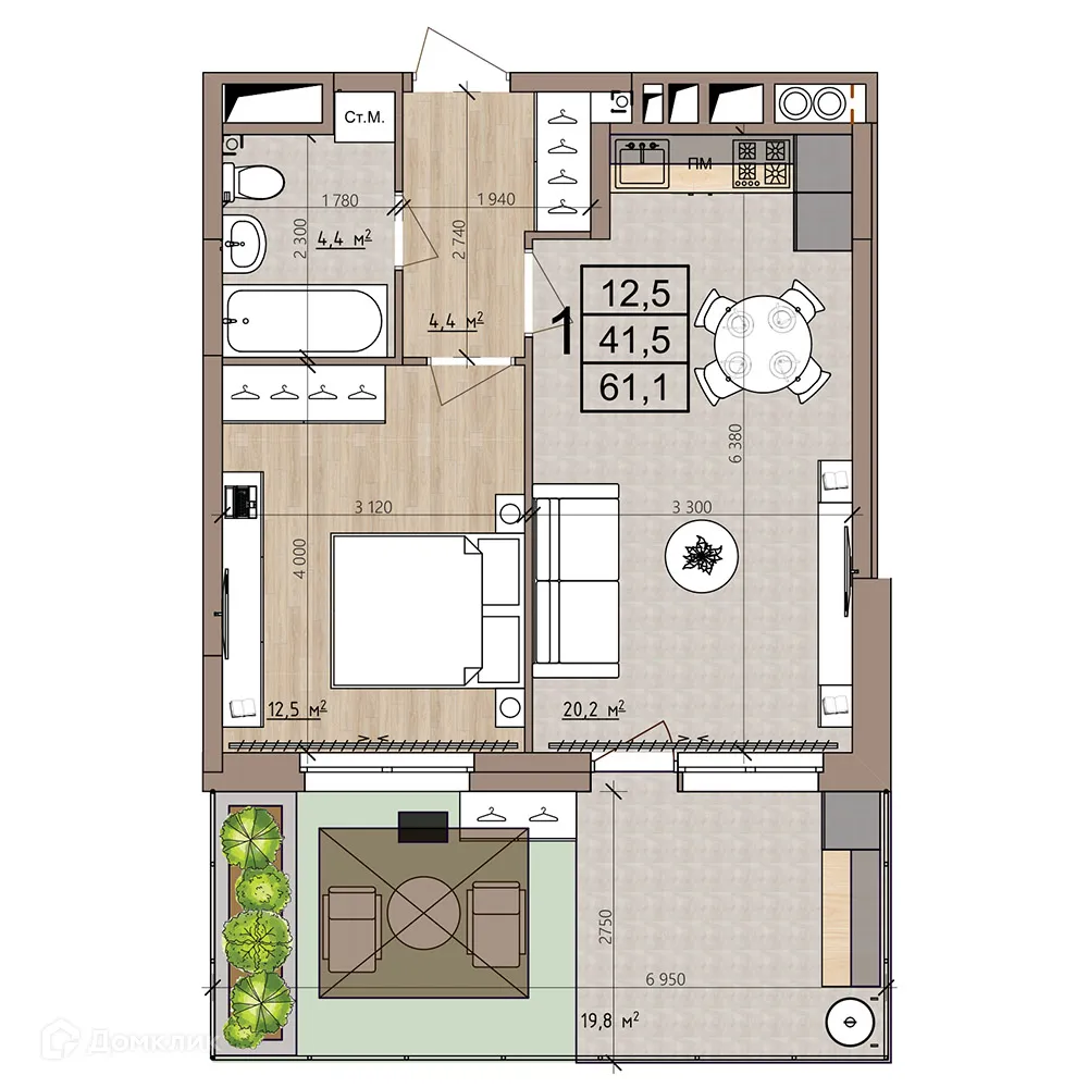 Планировка 1-комнатной квартиры 61.1 м² в ЖК Окская стрелка, г. Рязань — фото 1
