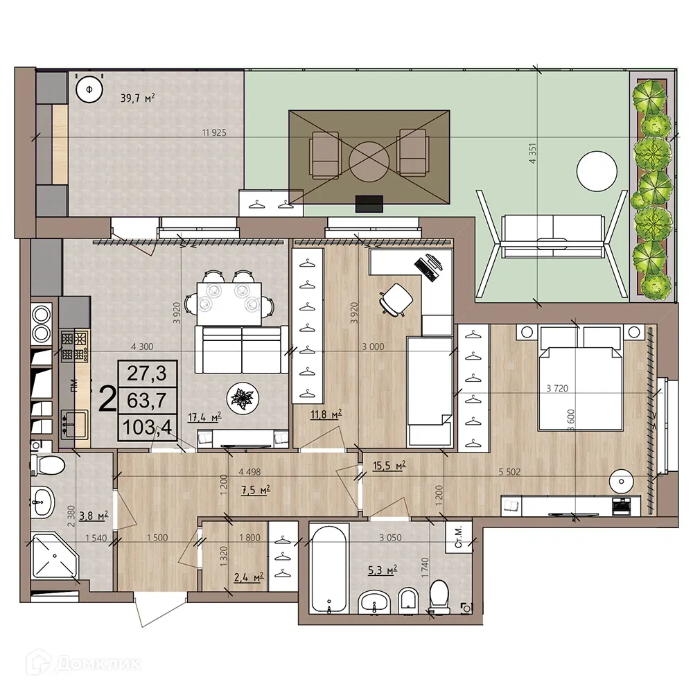 Планировка 2-комнатной квартиры 103.4 м² в ЖК Окская стрелка, г. Рязань — фото 22