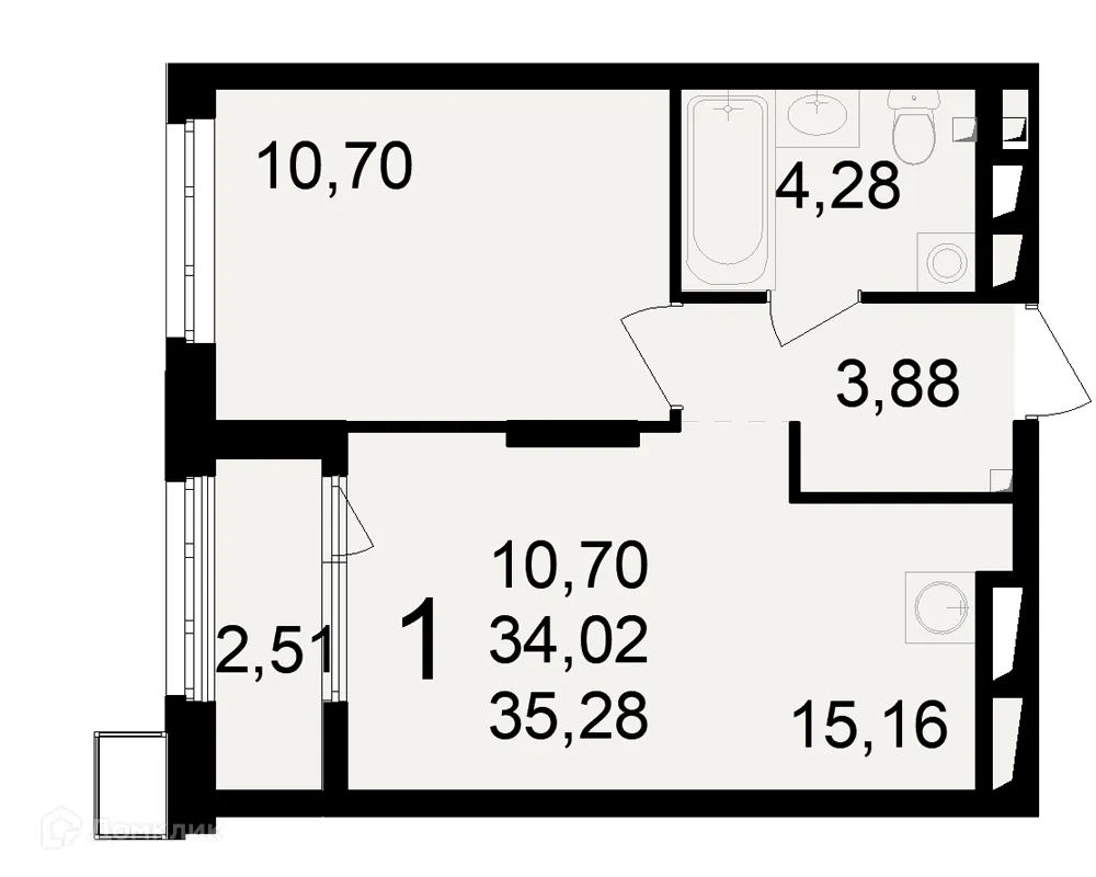 Планировка 1-комнатной квартиры 35.28 м² в ЖК Макроквартал "Свобода", г. Рязань — фото 1