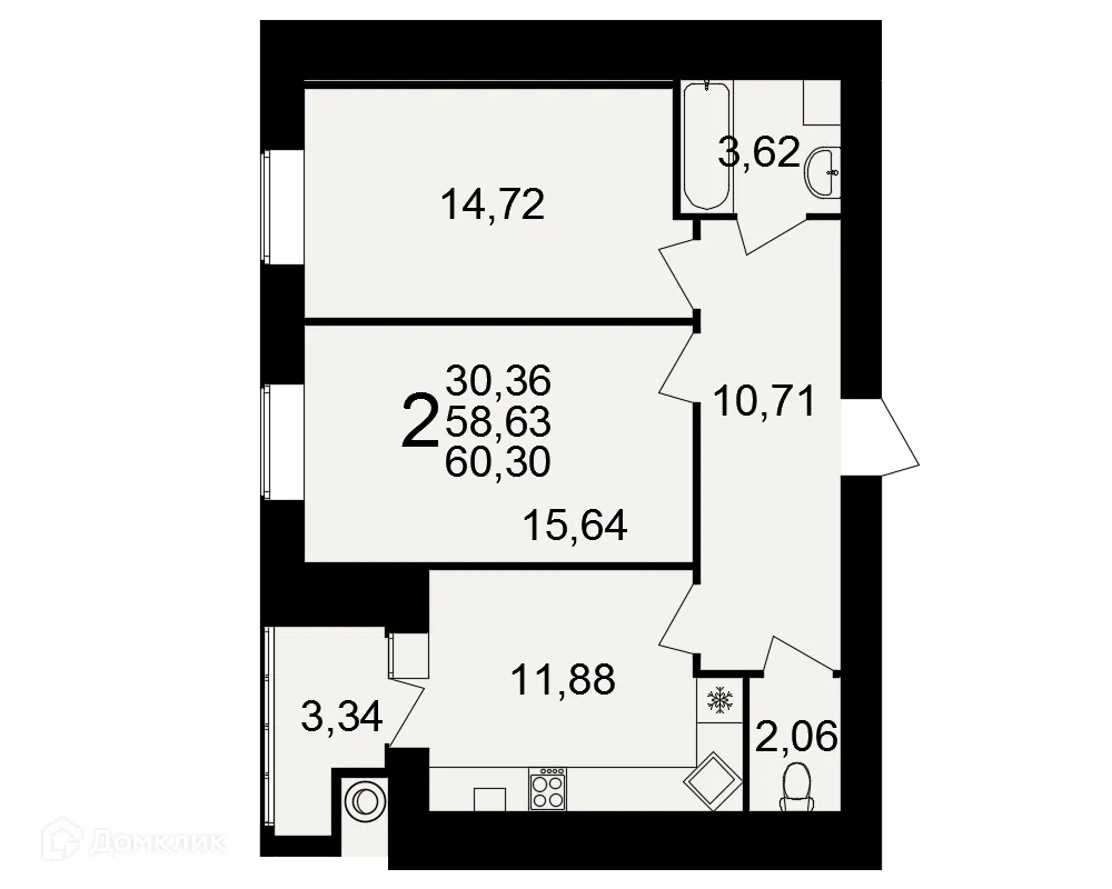 Планировка 2-комнатной квартиры 60.3 м² в ЖК Видный, г. Рязань — фото 2