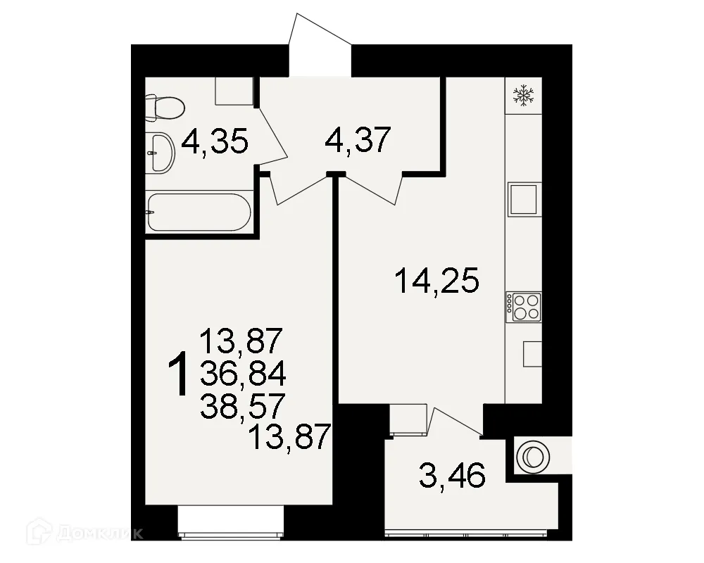 Планировка 1-комнатной квартиры 38.57 м² в ЖК Видный, г. Рязань — фото 1
