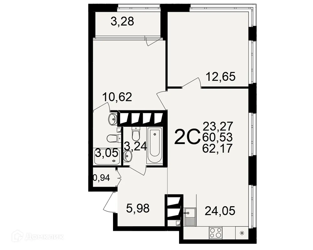 Планировка 2-комнатной квартиры 62.17 м² в ЖК Большая история, г. Рязань — фото 1