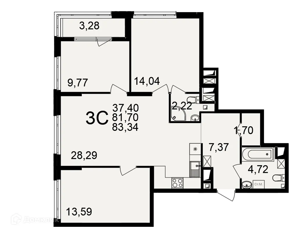 Планировка 3-комнатной квартиры 83.34 м² в ЖК Большая история, г. Рязань — фото 2