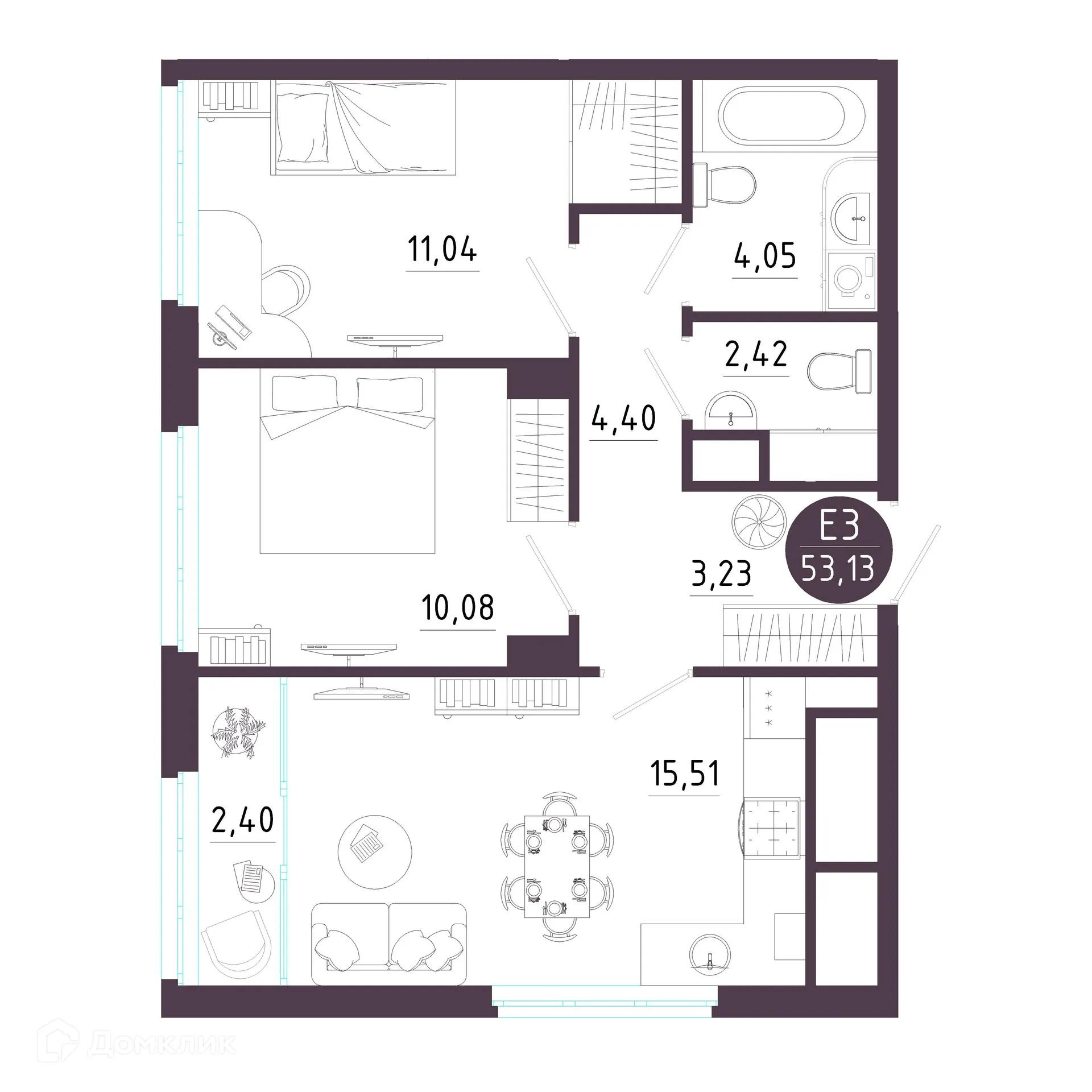 Планировка 2-комнатной квартиры 53.13 м² в ЖК Крылья, г. Рязань — фото 3