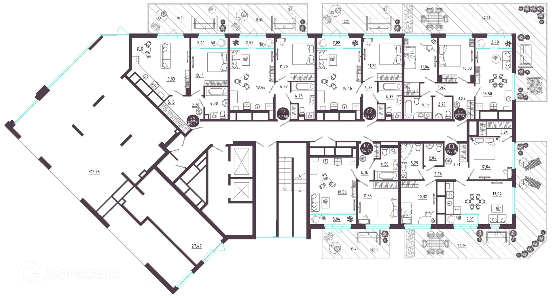 Планировка 1-комнатной квартиры 54.41 м² в ЖК Крылья, г. Рязань — фото 33