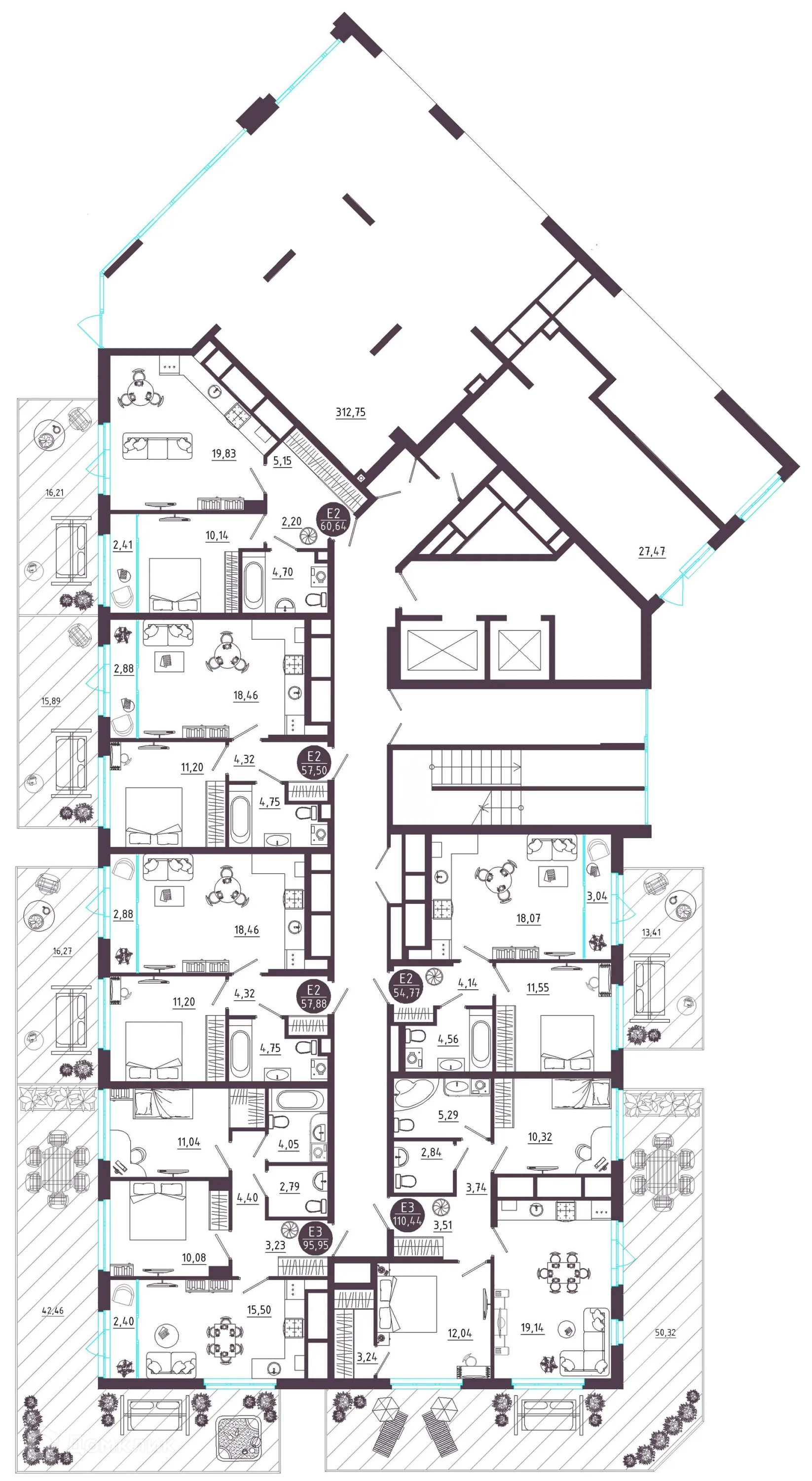 Планировка 2-комнатной квартиры 96.05 м² в ЖК Крылья, г. Рязань — фото 46