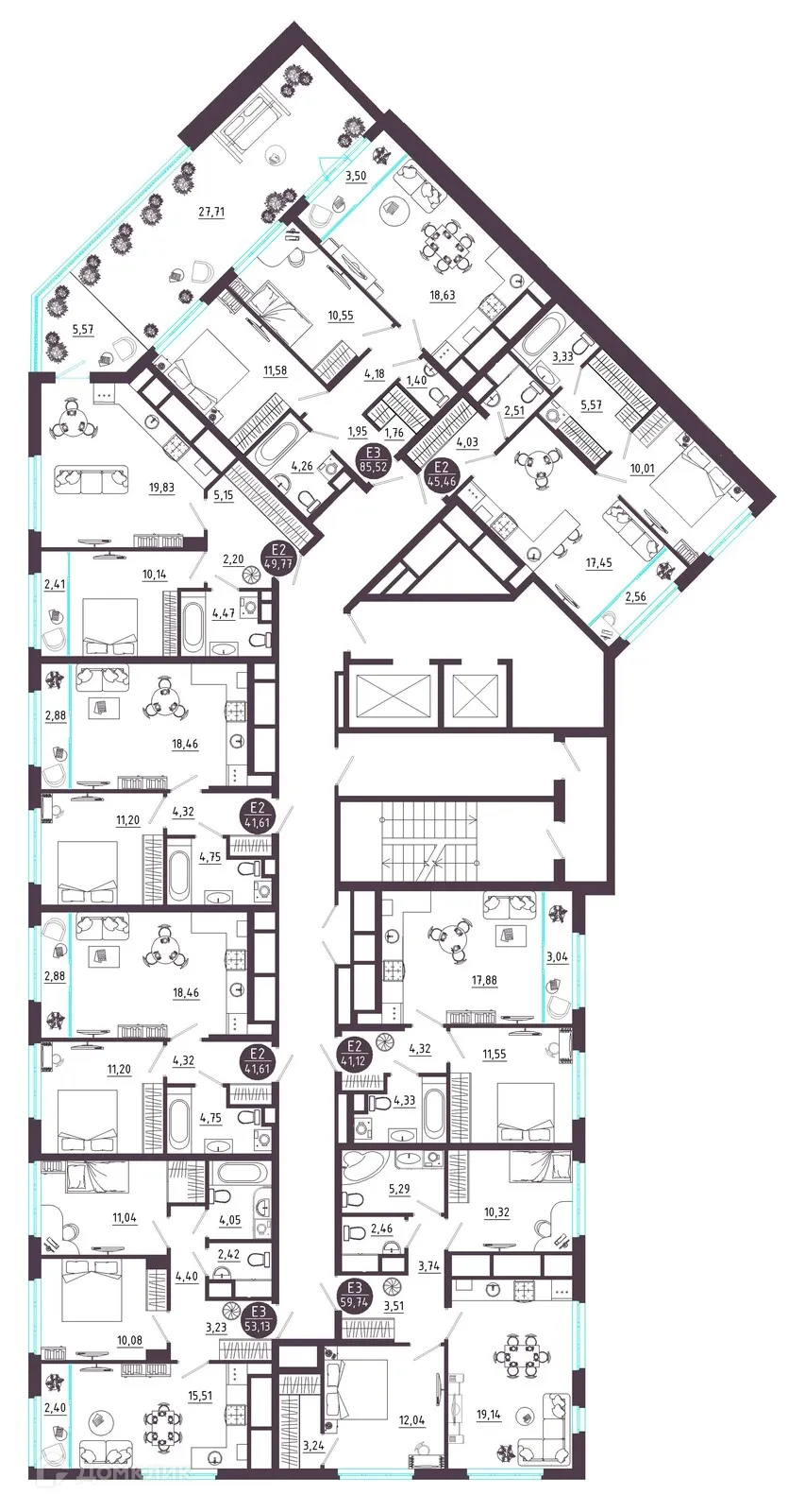 Планировка 1-комнатной квартиры 41.61 м² в ЖК Крылья, г. Рязань — фото 2