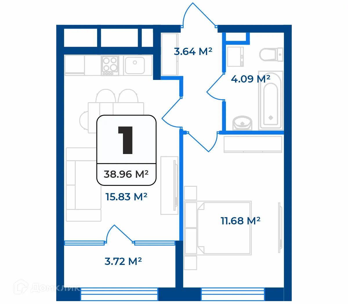 Планировка 1-комнатной квартиры 37.1 м² в ЖК Дом на Разина, г. Рязань — фото 2