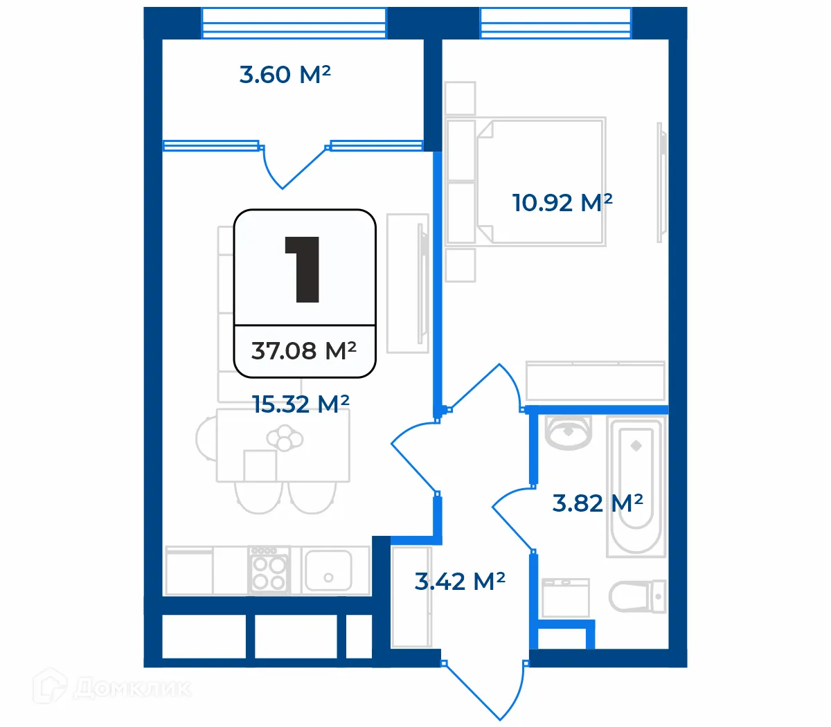 Планировка 1-комнатной квартиры 35.28 м² в ЖК Дом на Разина, г. Рязань — фото 1