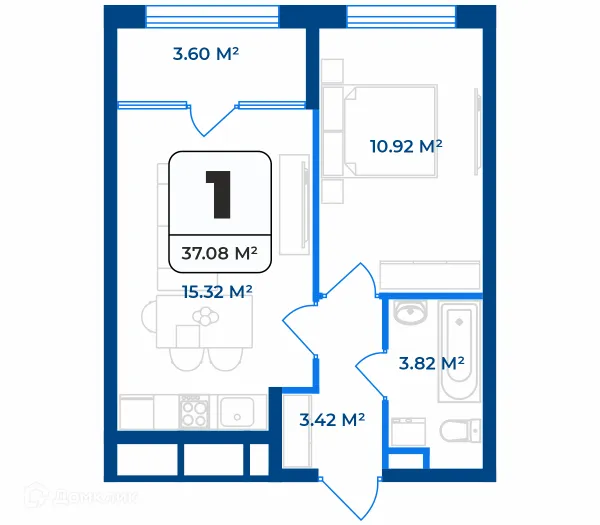 Планировка 1 комн. в ЖК Дом на Разина