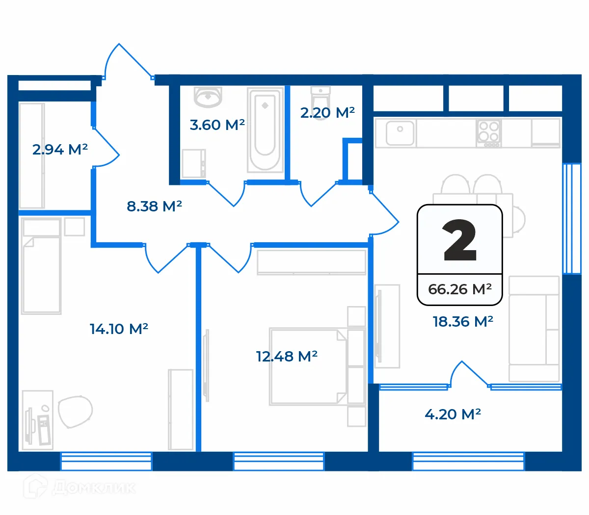 Планировка 2-комнатной квартиры 64.16 м² в ЖК Дом на Разина, г. Рязань — фото 1