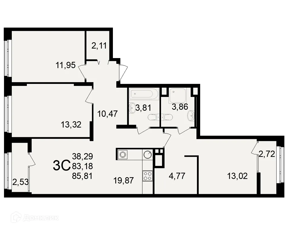 Планировка 3-комнатной квартиры 85.81 м² в ЖК Аура, г. Рязань — фото 1